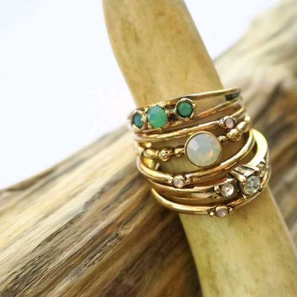 Opal Ring Stack 6pc 18k Gold Stackable Rings - Picture 8 of 10